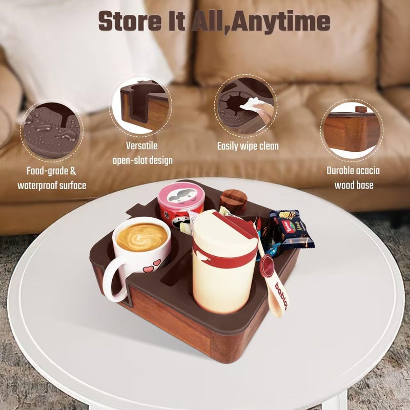 Couch Buddy Couch Cup Holder Tray, Real Acacia Wooden Caddy with Soft Silicone, Snack and Drink Organizer- Perfect Movie Night Accessories for Bed, Remote and Cup Holders for Sofa (Coffee) - Image 2